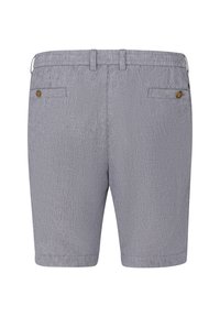 Gestreifte Shorts aus einem leichten Stoff, mit einem klassischen Schnitt, zwei Gesäßtaschen mit Knöpfen und einem dezenten umgeschlagenen Saum. Farbe: marineblau und weiß.