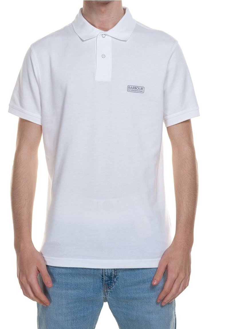 Biała koszulka polo wykonana z bawełny, z kołnierzykiem, krótkimi rękawami i małym logo marki po lewej stronie klatki piersiowej. Prosty design.