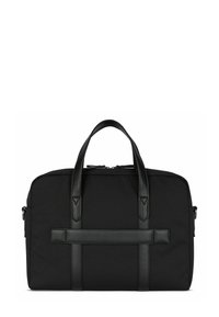 Borsa nera in tessuto con dettagli in pelle. Presenta doppi manici, chiusura con zip e una forma rettangolare elegante. Design minimalista.