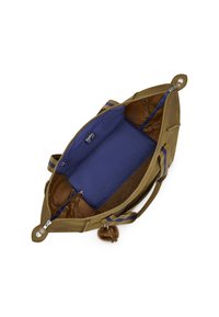 Sac vert olive avec une fermeture éclair, doté d'une doublure bleue, d'un compartiment intérieur marron et d'accents texturés marron. Comprend un porte-clés décoratif.