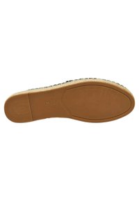 Potplat cipele s tamnom gumom, teksturiran horizontalnim utorima, s imenom branda i oznakom veličine; espadrila stil s jutenim rubom.