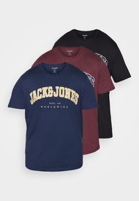 Jack & Jones JJECALEB VARSITY TEE NECK 3 PACK - T-shirts print - black/navyblazer/vineyardwine
