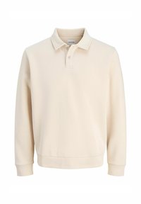 Beige långärmad polotröja i mjukt tyg, med klassisk krage, två knappslå och elastiska muddar för en bekväm passform.