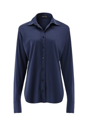 Marineblaues Langarmhemd mit Knopfverschluss, Kragen, sieben Knöpfen und einem leicht geschwungenen Saum.