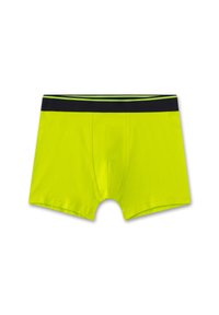 Grüne Boxershorts aus weichem Stoff, mit einem schwarzen elastischen Bund und einem kontrastierenden grünen Streifen. Mit einer Öffnung vorne.