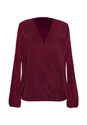 Haut enveloppant bourgogne à manches longues avec texture plissée, décolleté en V et ourlet élastique. Matière douce avec une finition lisse.