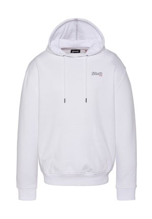 Weißer Kapuzenpullover mit Tasche vorne, Kordelzügen und kleinem Schott NYC Logo auf der linken Brust.