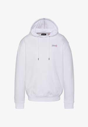 Sweat à capuche blanc avec poche avant, cordons de serrage et petit logo Schott NYC sur le côté gauche de la poitrine.