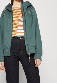 Green lightweight jacket featuring a zip front, adjustable hood with drawstrings, and ribbed cuffs. Paired with a striped shirt and dark jeans.
