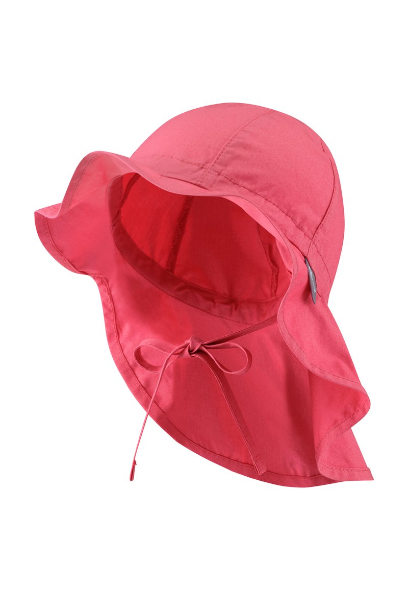 Rosa Stoff-Sonnenhut mit breiter, ausgestellter Krempe, verstellbarem Kinnband zum Binden und glatter Textur. Das Innere scheint gefüttert zu sein.