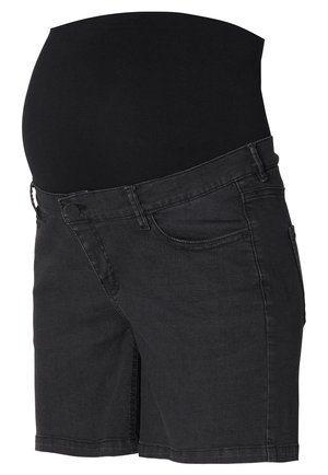 Graviditets shorts i sort denim, med en høj elastisk talje, forlommer og en fitted design med en let slidt tekstur.