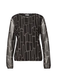 Czarny i szary wzorzysty top z długimi przezroczystymi rękawami, okrągłym dekoltem i elastycznym dołem. Zdobiony geometrycznymi kształtami o różnych rozmiarach.