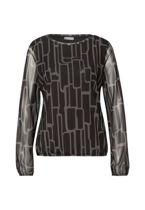 Top de patrón en negro y gris con mangas largas transparentes, escote redondo y dobladillo elástico. Presenta formas geométricas de diferentes tamaños.