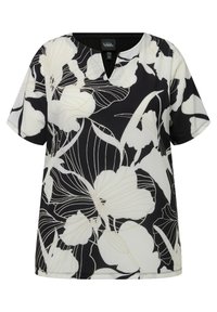 Sort kortærmet top med et blomstermønster i creme, med en V-udskæring og let tekstur. Designet til en afslappet pasform og komfort.