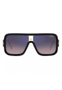 Ochelari de soare oversized negri cu lentile degradé, un accent auriu pe punte �și rame de formă pătrată. Brațe texturate cu detalii de branding.
