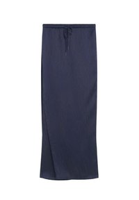 Falda azul marino, de longitud a la rodilla, con un patrón de rayas verticales, cintura elástica y cordón ajustable para un mejor ajuste. Textura de tela suave.
