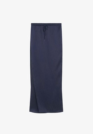 Marineblaue, knielange Rock mit vertikalem Nadelstreifenmuster, elastischem Taillenbund und verstellbarem Kordelzug für die Passform. Glatte Stofftextur.
