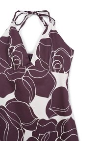 Abito con collo a halter e scollatura a V profonda, grande stampa floreale astratta viola su tessuto bianco, con un fiocco annodato al collo.