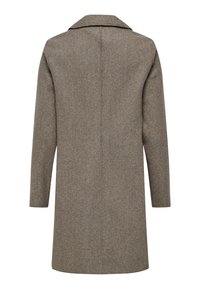 Manteau en laine marron avec un design structuré, présentant un col cranté, des manches longues et une coupe droite. Aucun accessoire visible ni motif.