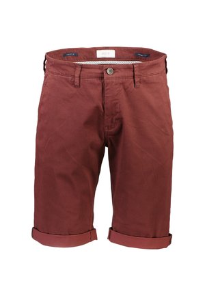 Bordeaux bomuldsshorts med knaplukning, bæltestropper og omviklede manchetter. Glat tekstur med diskret syning.