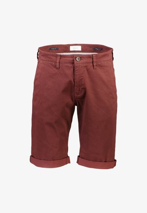 Bordeaux bomuldsshorts med knaplukning, bæltestropper og omviklede manchetter. Glat tekstur med diskret syning.