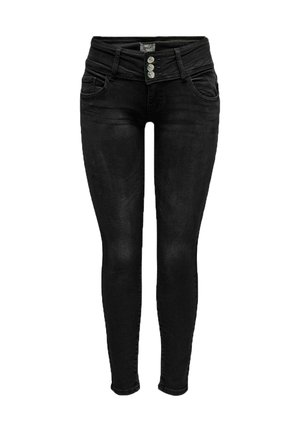 Jeans skinny noirs taille haute avec trois boutons argentés et poches avant, présentés sur un fond blanc.