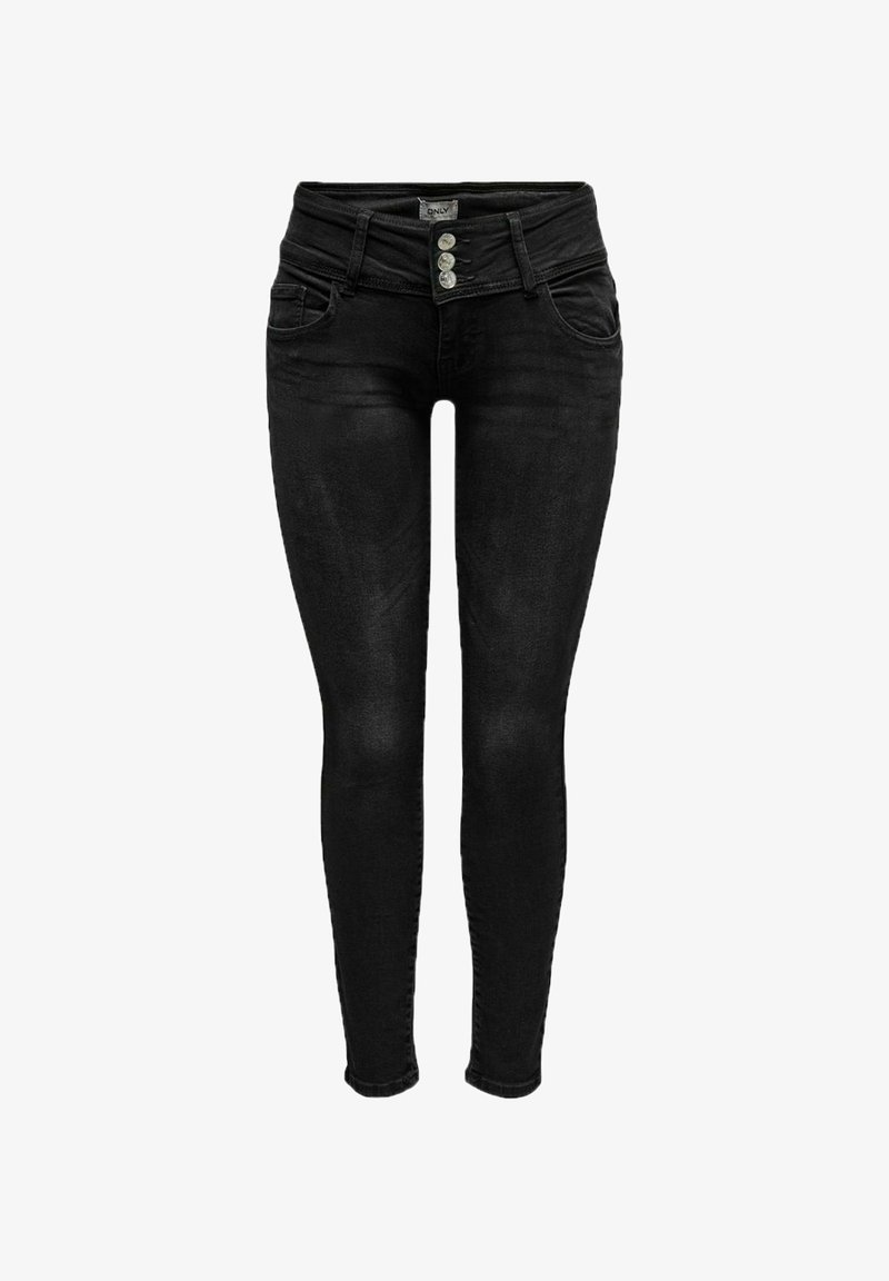 Jeans skinny noirs taille haute avec trois boutons argentés et poches avant, présentés sur un fond blanc.