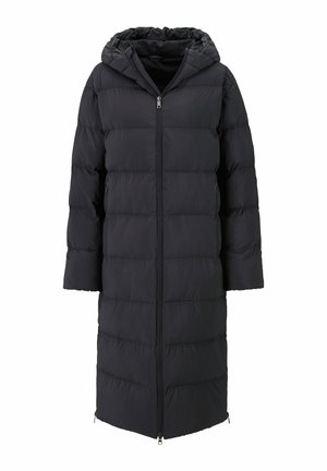 Langer schwarzer gesteppter Wintermantel mit Kapuze und Frontreißverschluss, mit horizontaler Steppung und seitlichen Reißverschlusstaschen.