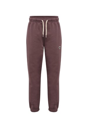 Braune Fleece-Sweatpants mit elastischem Bund, weißen Kordeln, gesäumten Knöcheln und kleinem schwarzen und weißen Logo am linken Oberschenkel.