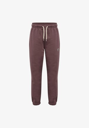 Braune Fleece-Sweatpants mit elastischem Bund, weißen Kordeln, gesäumten Knöcheln und kleinem schwarzen und weißen Logo am linken Oberschenkel.