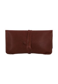 Brown leather wallet with a smooth texture, fold-over design, and a decorative tie closure. Features contrasting stitching along the edges.