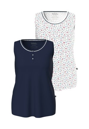 Zweiärmellose Tops: eines in Marineblau mit einem runden Ausschnitt und Knopfdetails, das andere weiß mit einem floralen Muster in Rot und Blau.