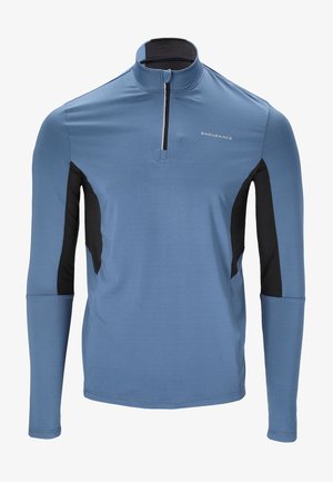 Blue long-sleeve athletic top with a quarter-zip collar, black mesh side panels, and a smooth fabric texture. Features "ENDURANCE" branding.