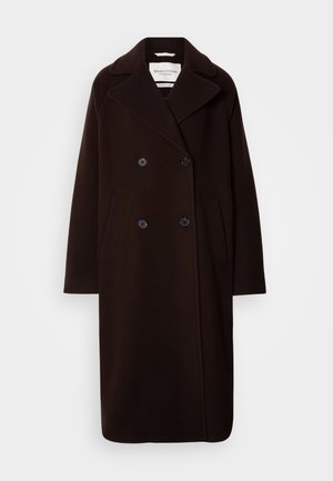 Palton lung, din lână neagră, cu două rânduri de nasturi, guler lat, două buzunare frontale și accente din nasturi negri. Textură netedă, design minimal.