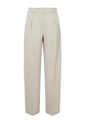 Beige, op maat gemaakte broek met hoge taille, voorplooien, riemlussen en een rechte pijp.