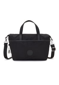 Borsa a spalla nera in nylon con manici superiori doppi e tracolla removibile. Presenta una patch rotonda con il logo e una chiusura con zip, texture liscia.