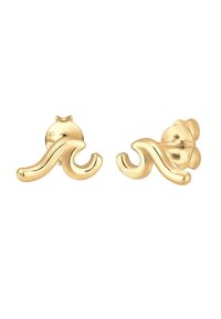 Gold earrings with a sweeping, wavy design; glossy finish; stud backing; rounded edges; ornate petal-like detail on the post.