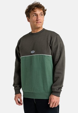 Man with short curly hair wears a dark grey and green sweatshirt featuring a white trim and a small logo on the chest, looking thoughtfully.