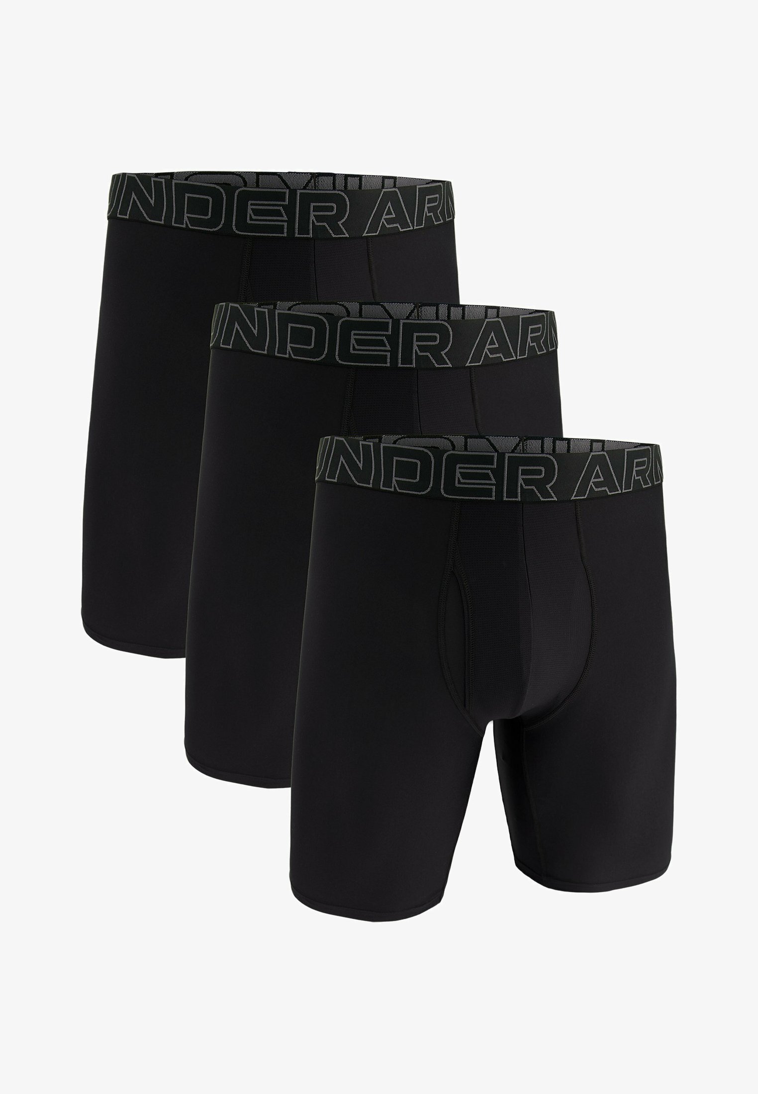 Sorte boxer briefs med en tætsiddende design, elastisk talje med "UNDER ARMOUR" branding, og glat, blødt stof. Pakke med tre par.