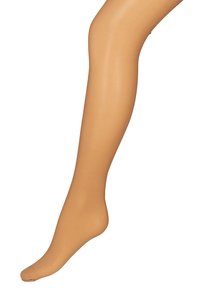 Collant beige transparent avec une texture lisse, présentant un renfort au niveau des orteils et un léger brillant, conçu pour un ajustement près du corps et un confort optimal.