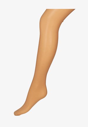 Bežová priehľadná pančucha s hladkou textúrou, vybavená spevnenou špičkou a jemným leskom, navrhnutá pre tesný strih a pohodlie.