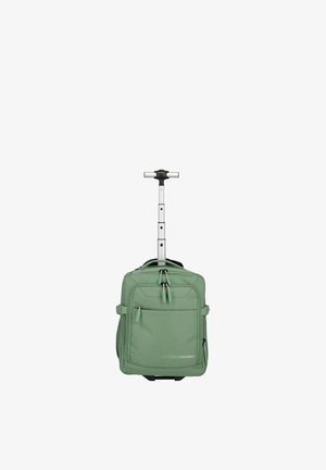 Borsa a mano verde morbida con ruote, manico telescopico, tasche frontali con cerniera e cinghie di compressione laterali.