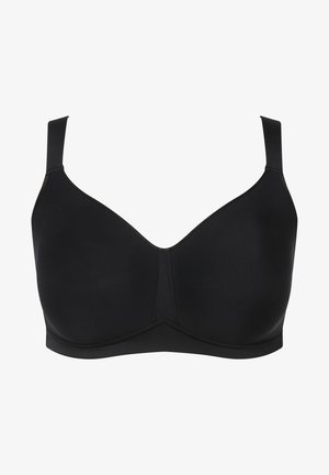Reggiseno nero con tessuto liscio, ferretti morbidi, spalline regolabili e design senza cuciture. Presenta una finitura opaca sobria e nessun embellimento.