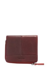 Dark red leather wallet with a smooth texture, featuring card slots and a zipper closure. The brand name is embossed on the front.