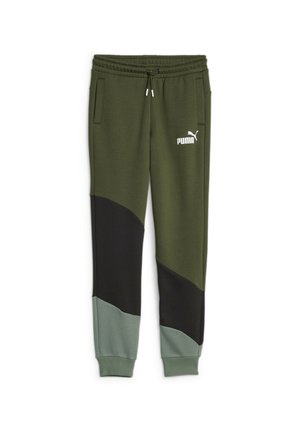 Oliwkowe dresy z czarnymi i jasnolimonkowymi kolorowymi blokami, elastyczny pas z sznurkiem i bocznymi kieszeniami. Logo Puma z przodu.