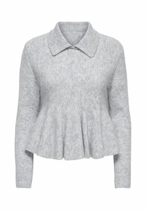 Pull tricot gris avec col, manches longues et ourlet à basque. Texture douce avec un motif subtil sur toute la surface.