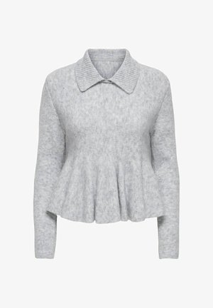 Pull tricot gris avec col, manches longues et ourlet à basque. Texture douce avec un motif subtil sur toute la surface.