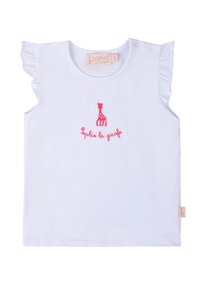 Top bianco senza maniche per bambini con maniche a volant, caratterizzato da ricami rosa di una giraffa e il testo "Sophie la girafe."