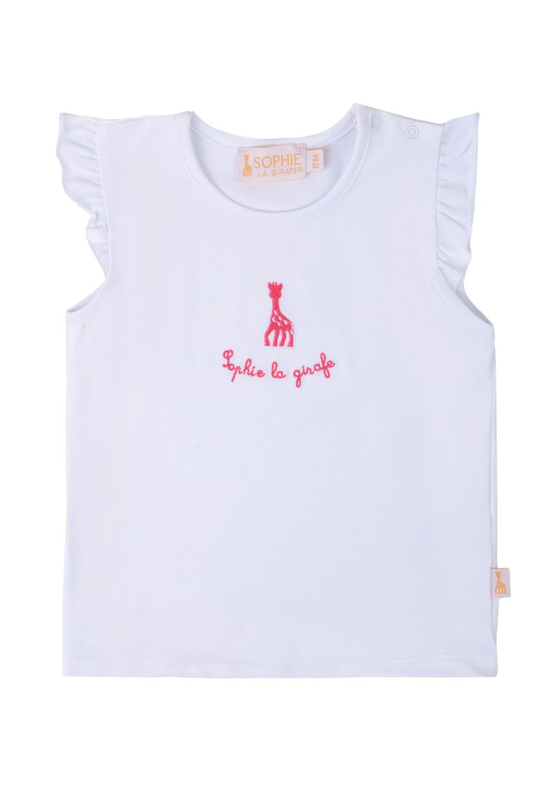 Top bianco senza maniche per bambini con maniche a volant, caratterizzato da ricami rosa di una giraffa e il testo "Sophie la girafe."