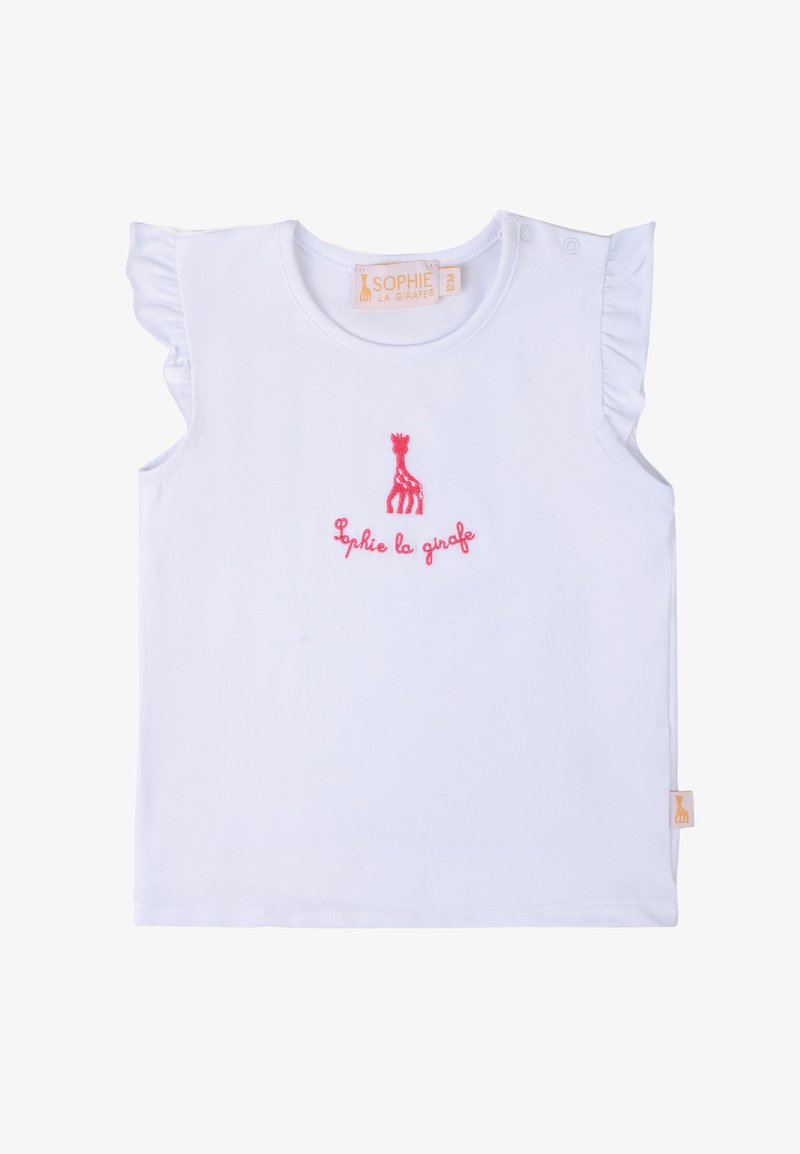 Top bianco senza maniche per bambini con maniche a volant, caratterizzato da ricami rosa di una giraffa e il testo "Sophie la girafe."